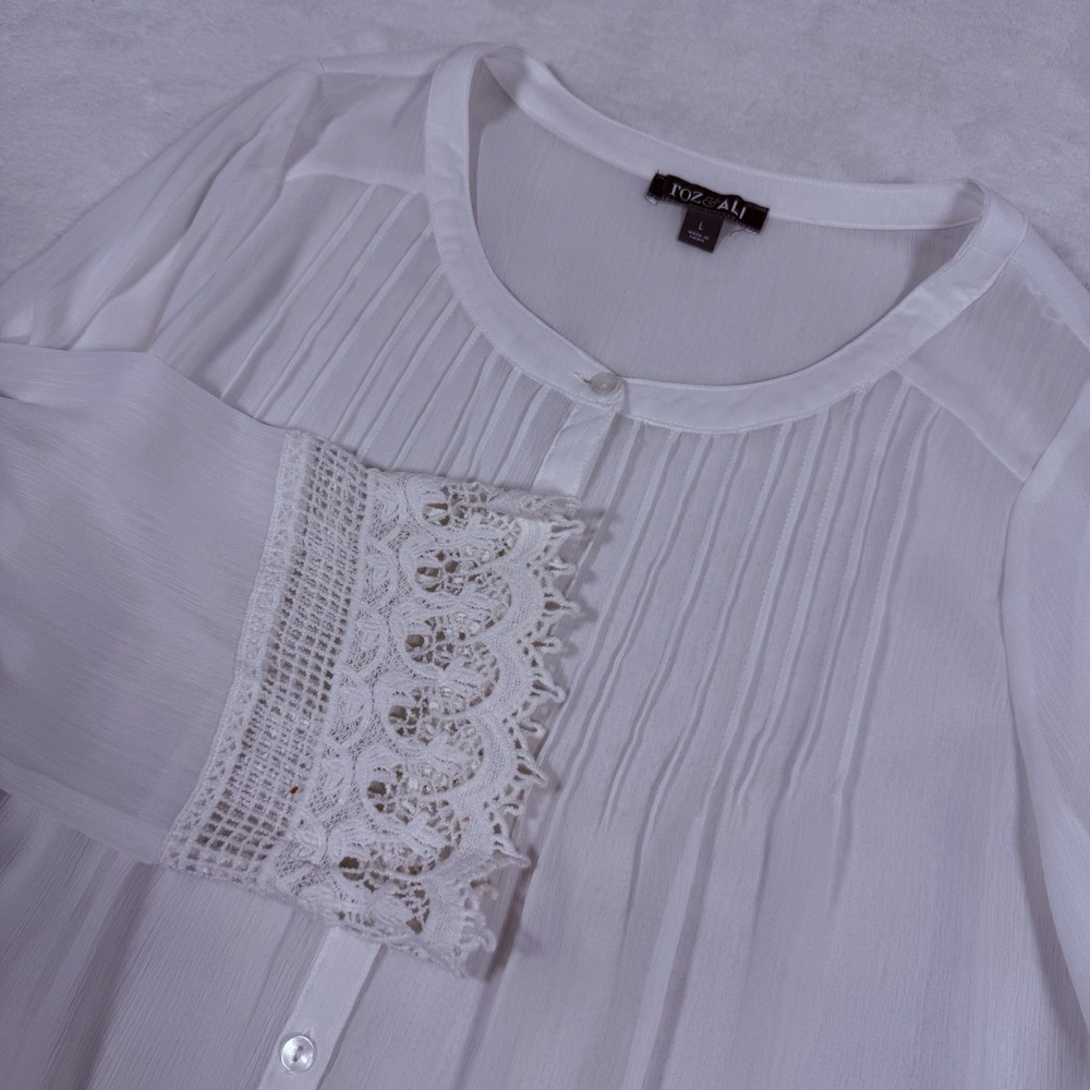 Roz Ali Crochet Sheer White Large Shirt Blouse Boho Country Western Romantic Y2K